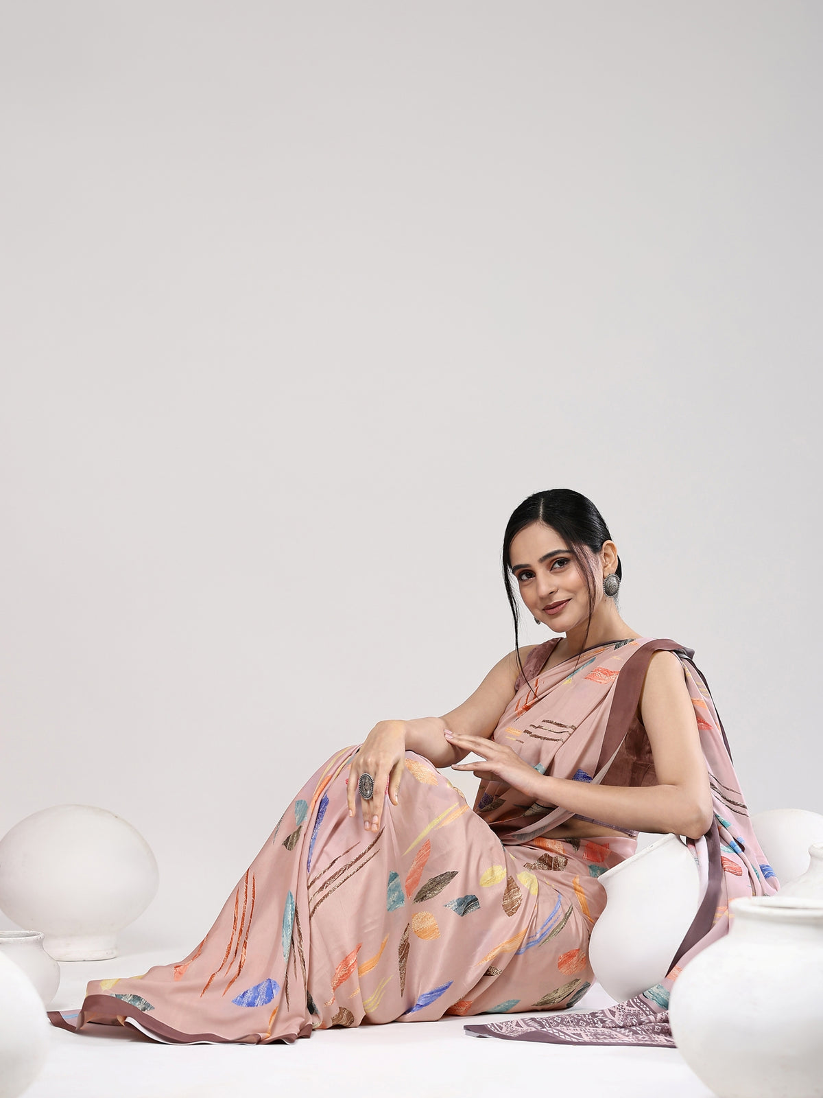 Peach Color Abstract Printed Satin Designer Saree