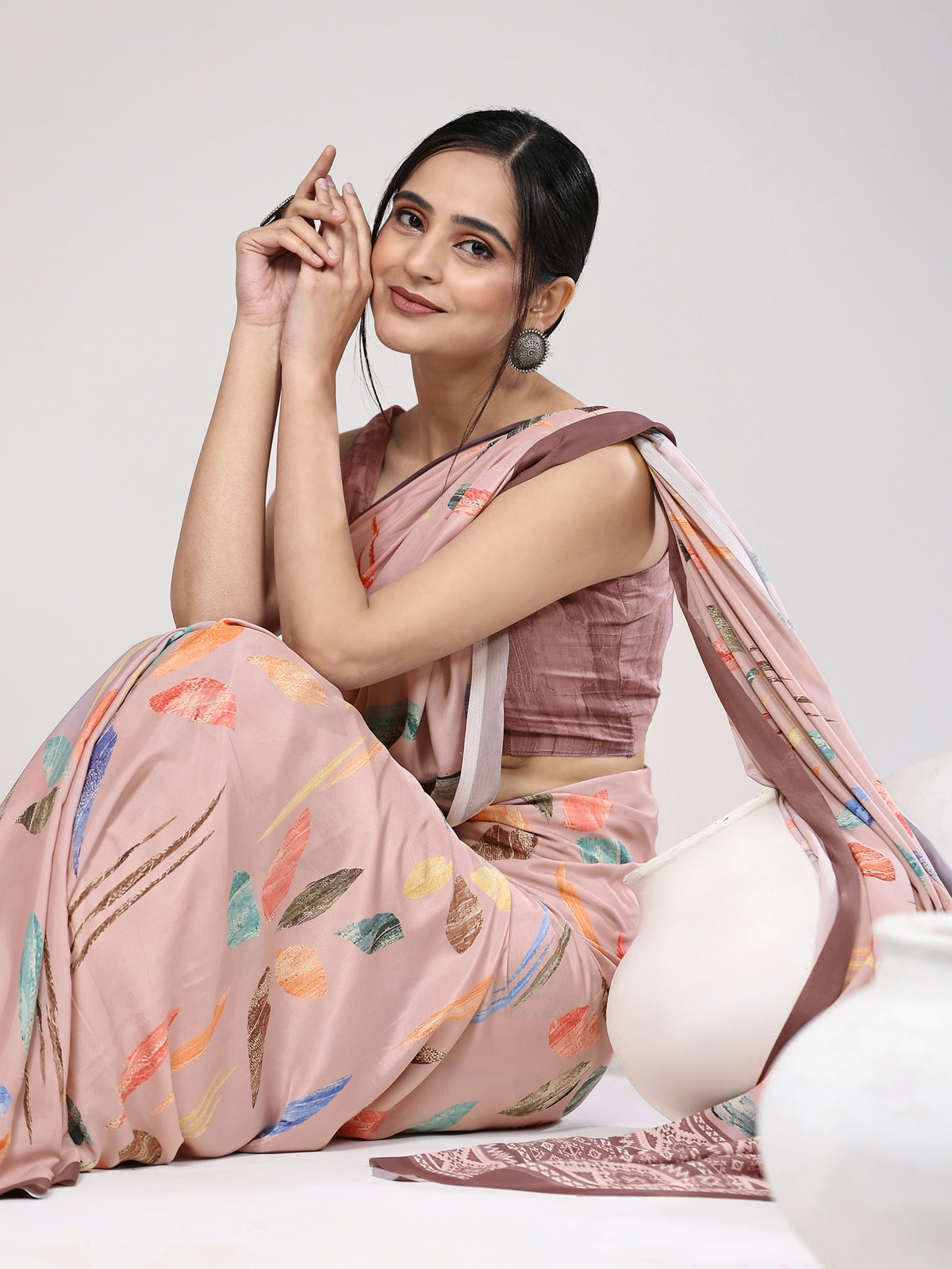 Peach Color Abstract Printed Satin Designer Saree