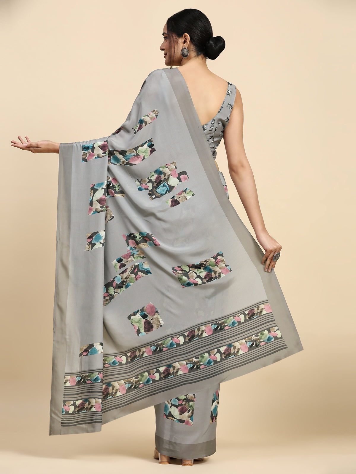 Grey Color Printed Satin Designer Saree