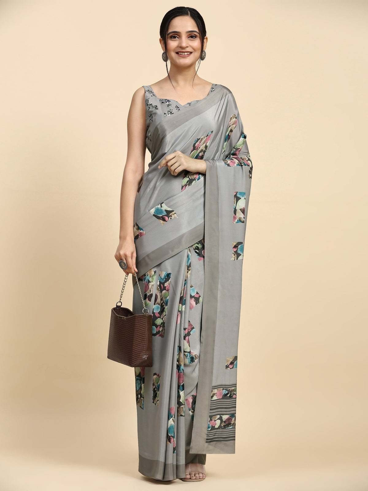 Grey Color Printed Satin Designer Saree