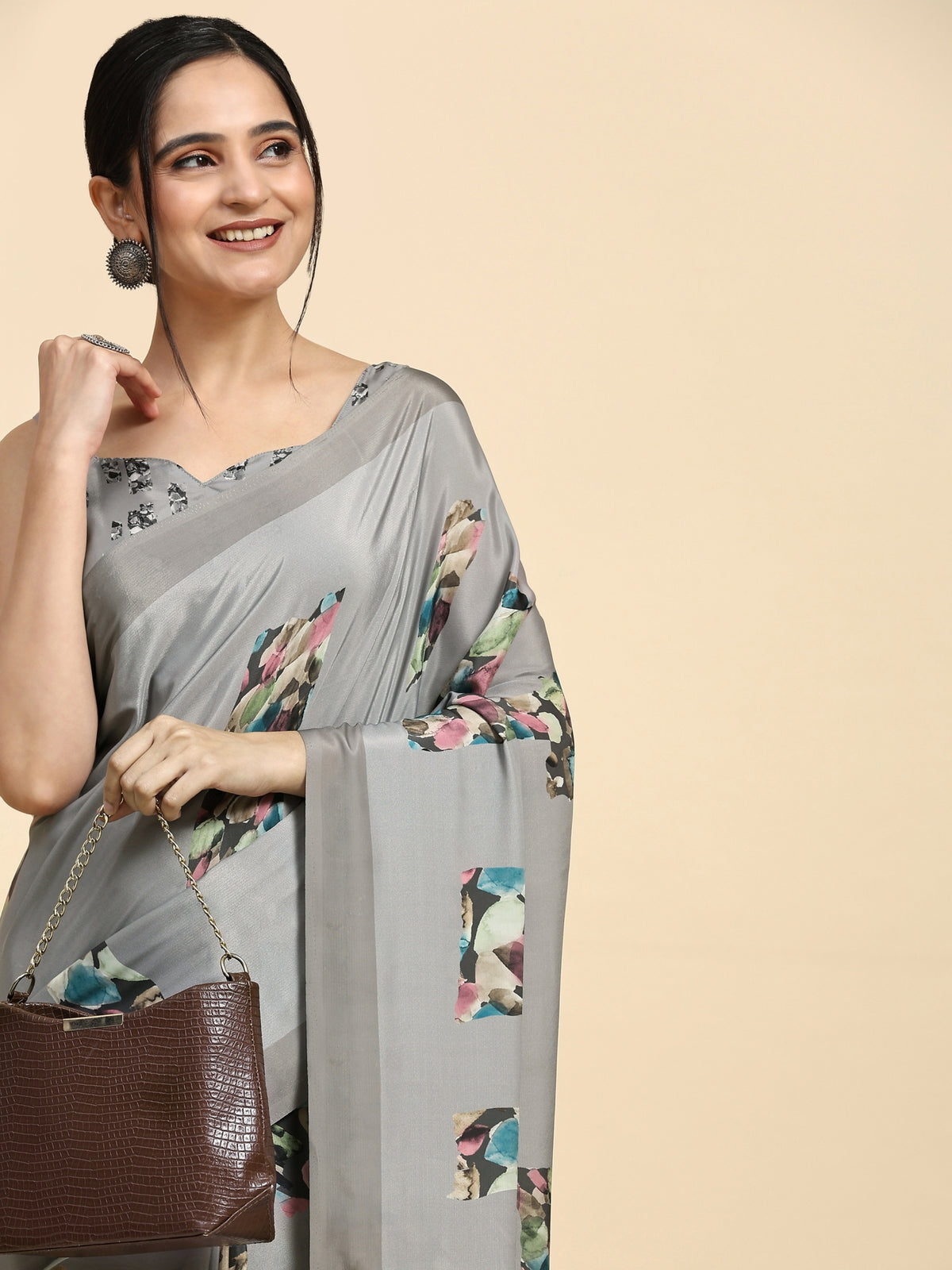 Grey Color Printed Satin Designer Saree