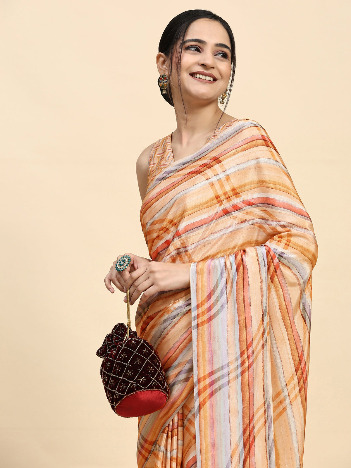 Orange Striped Printed Satin Designer Saree