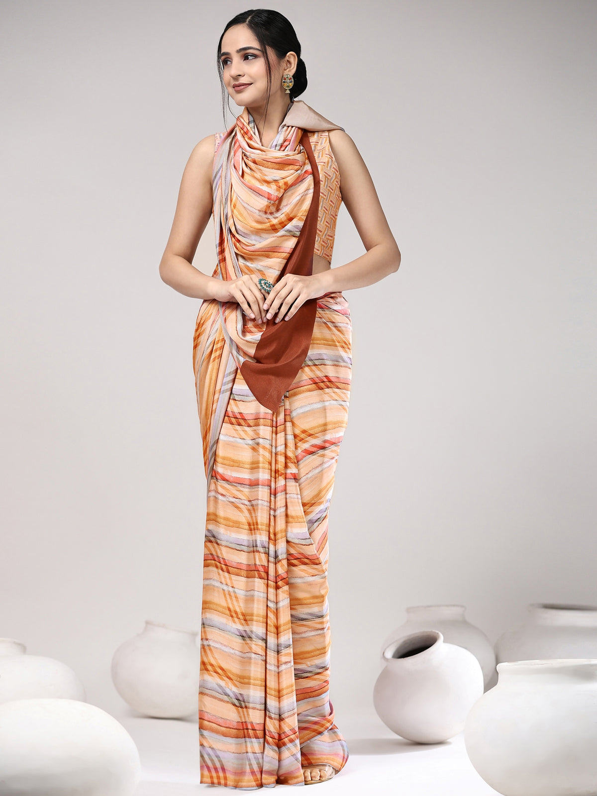 Orange Striped Printed Satin Designer Saree