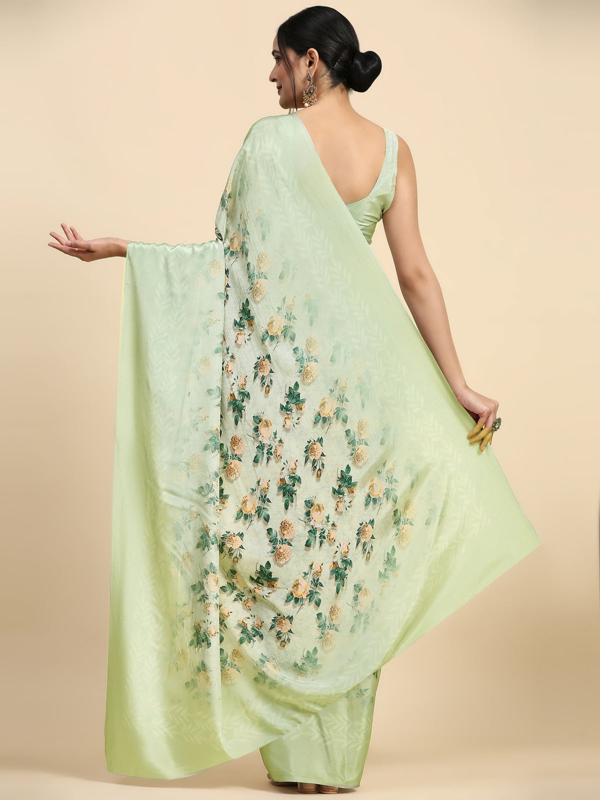 Pista Floral Printed Satin Party Wear Saree