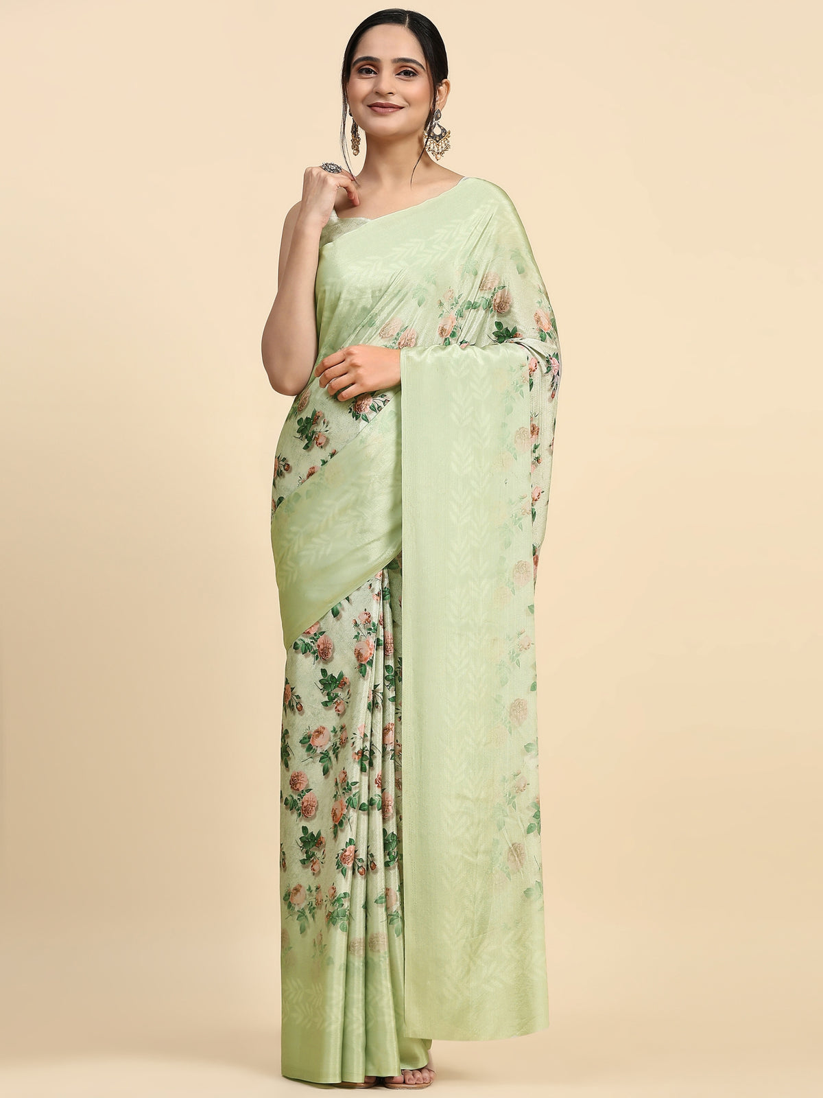 Pista Floral Printed Satin Party Wear Saree