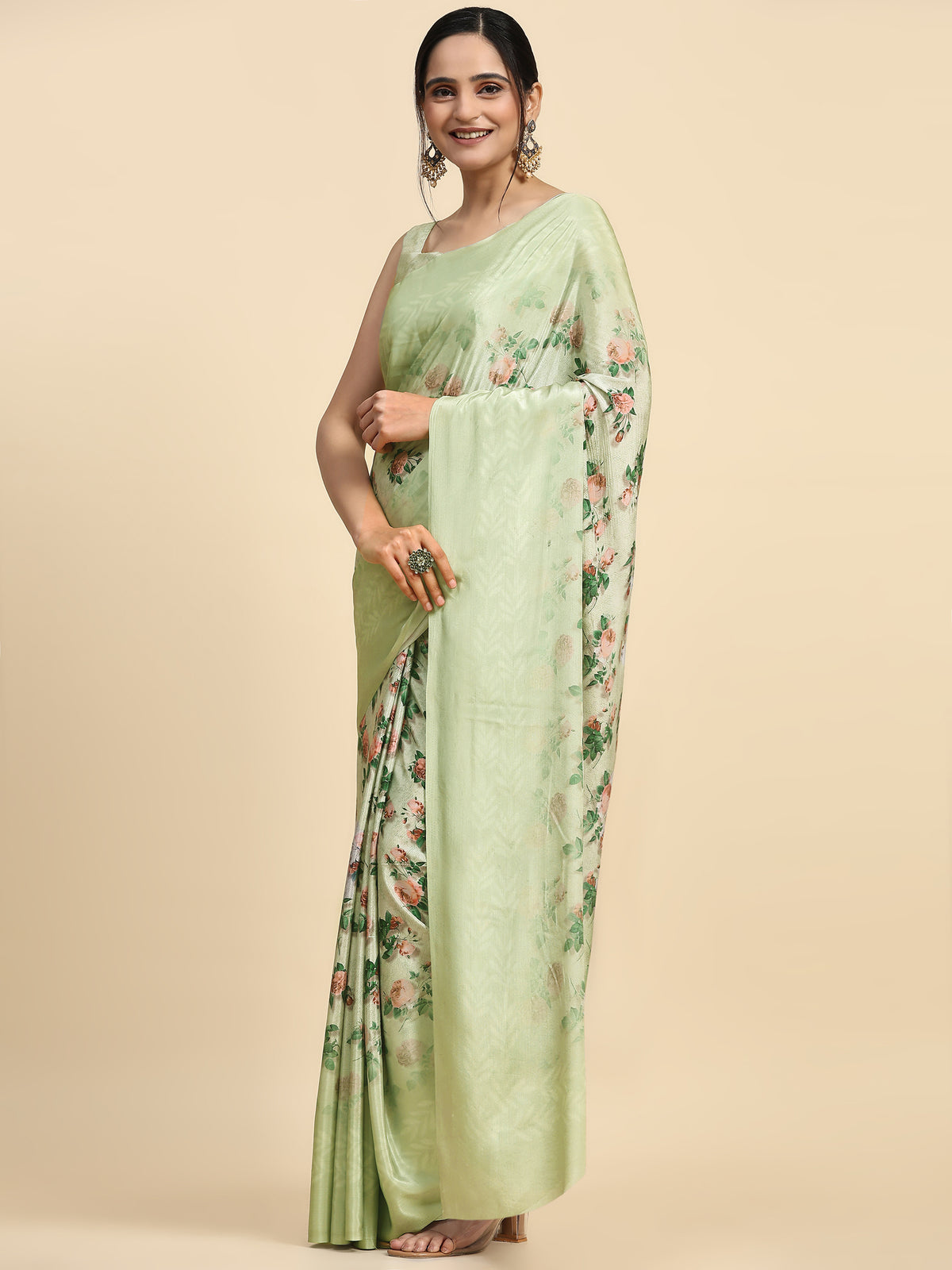 Pista Floral Printed Satin Party Wear Saree