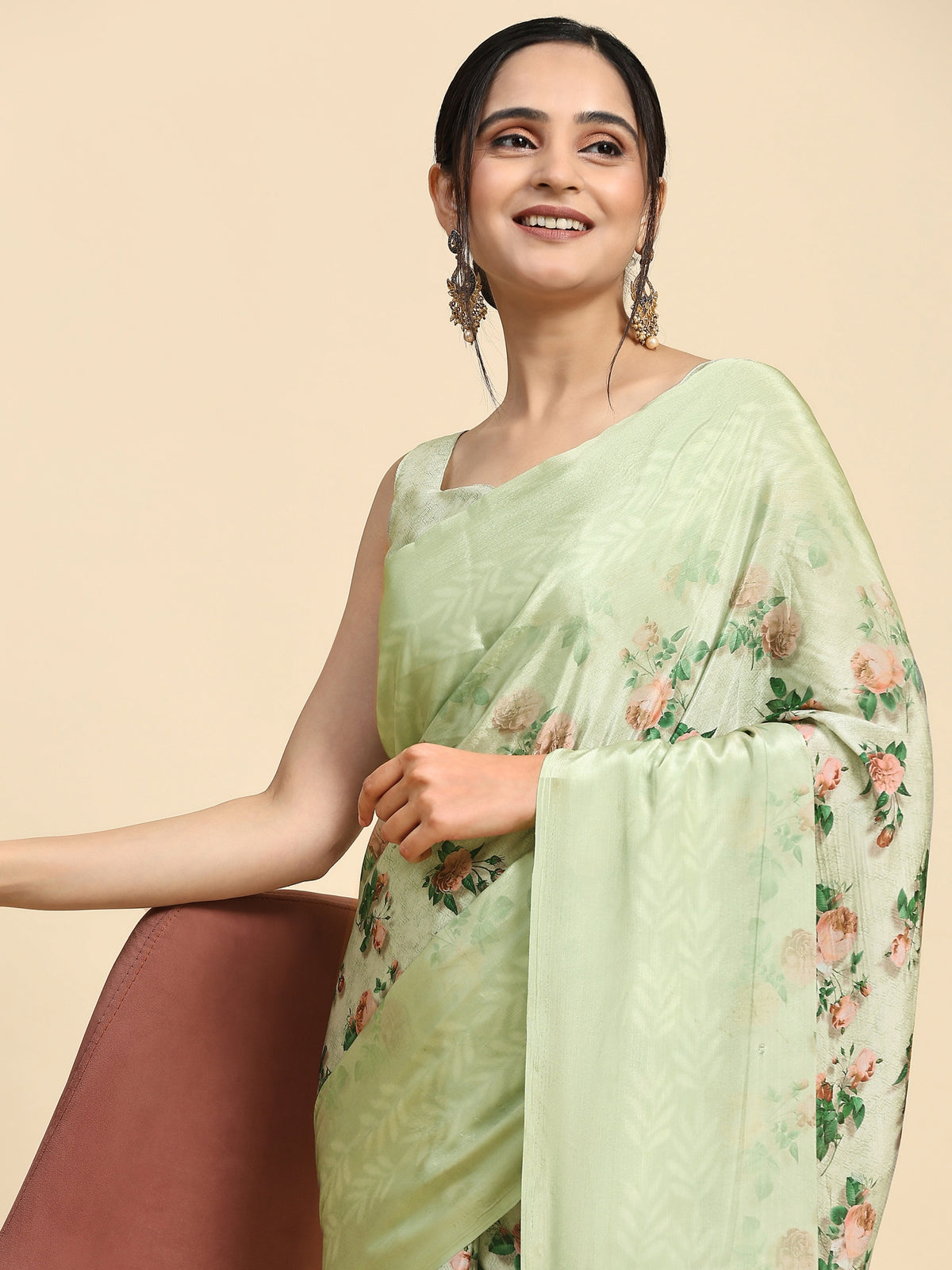 Pista Floral Printed Satin Party Wear Saree
