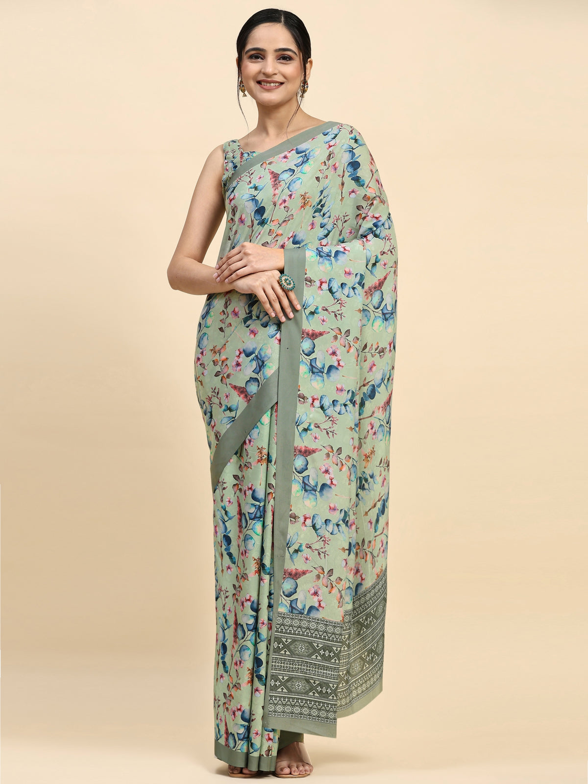 Pista Floral Printed Satin Designer Saree