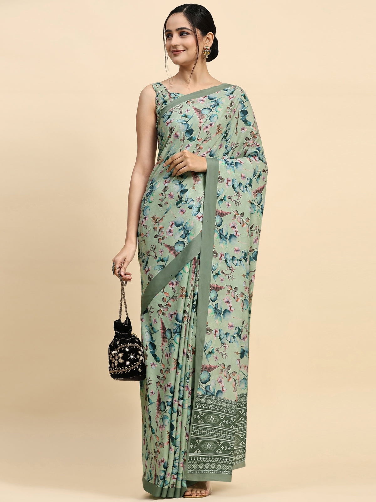 Pista Floral Printed Satin Designer Saree