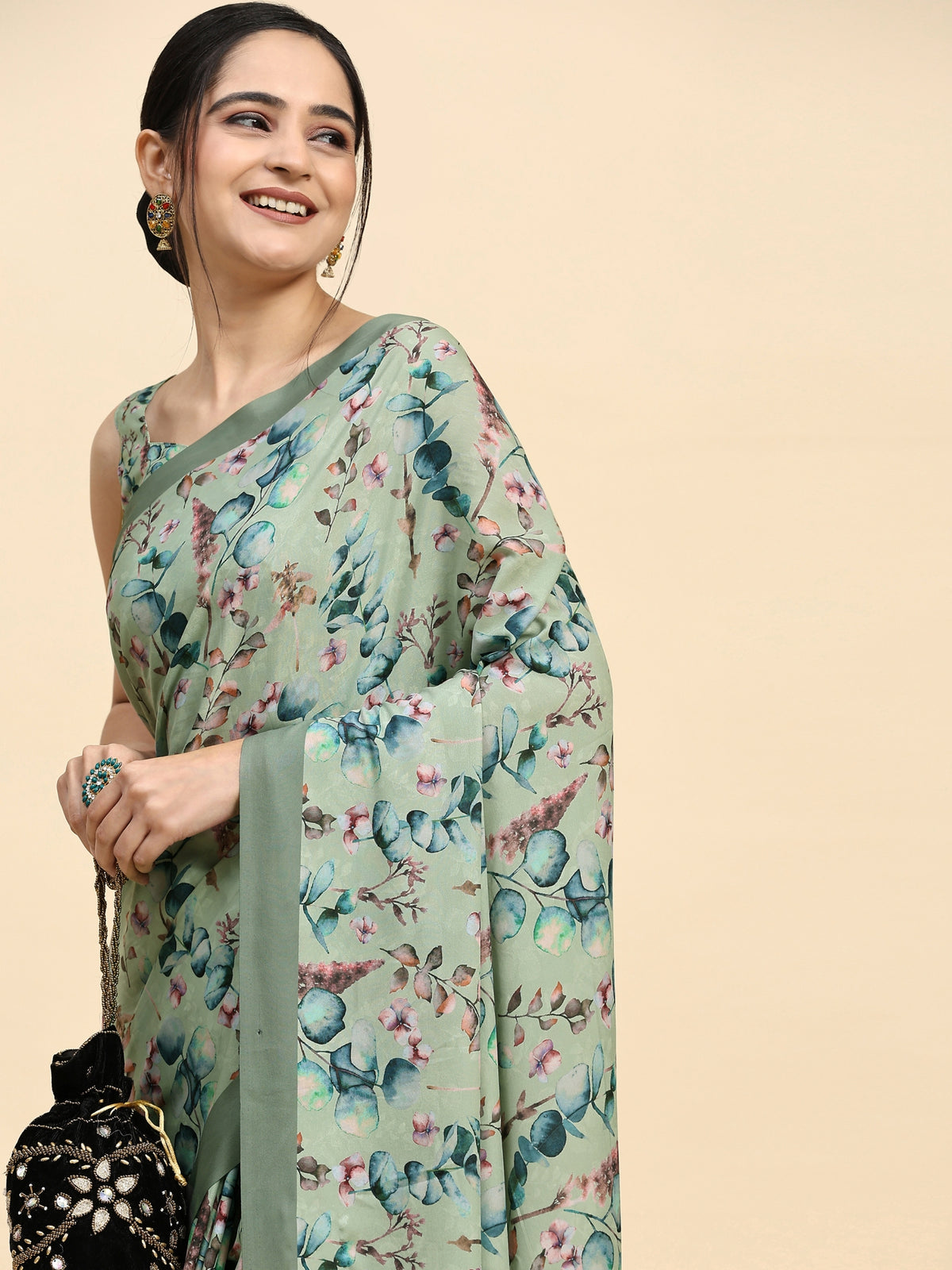 Pista Floral Printed Satin Designer Saree