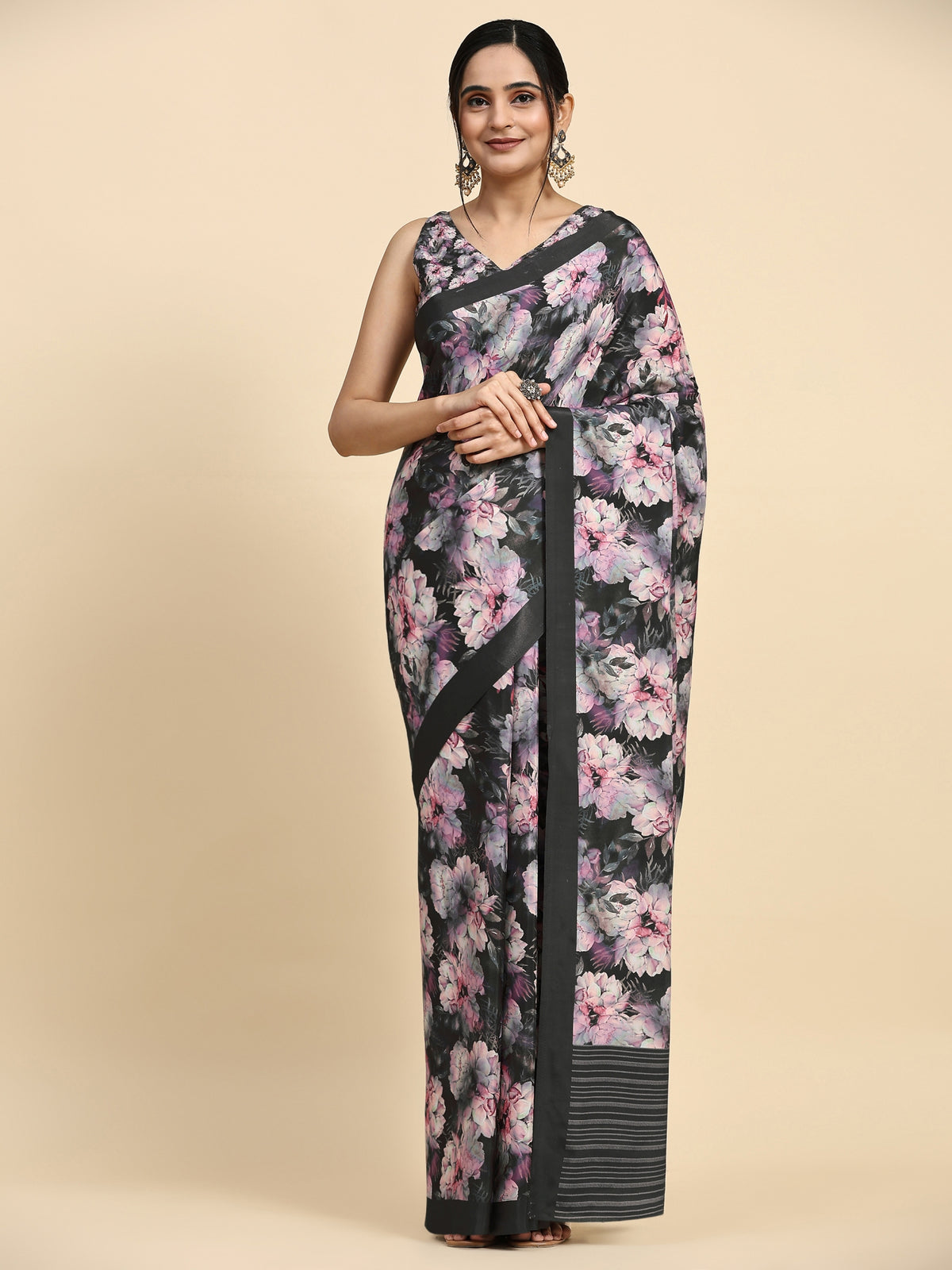 Black Floral Printed Satin Party Wear Saree