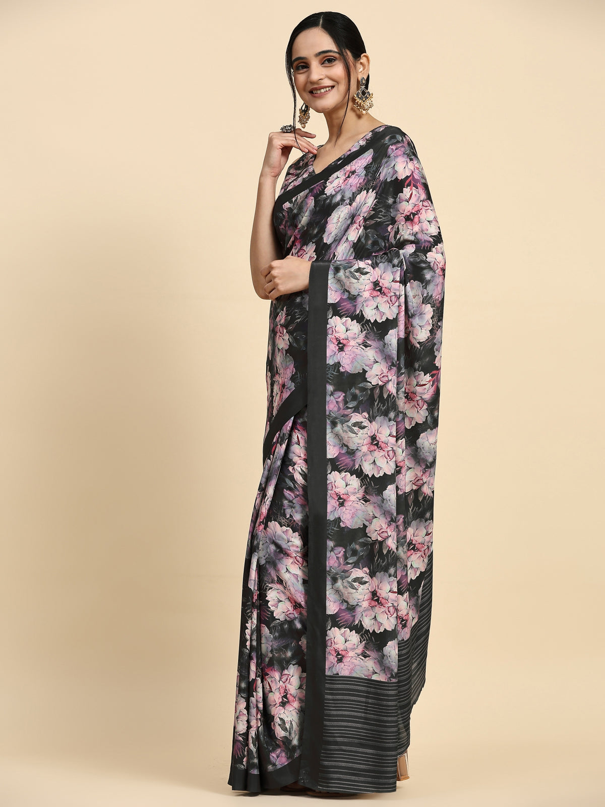 Black Floral Printed Satin Party Wear Saree