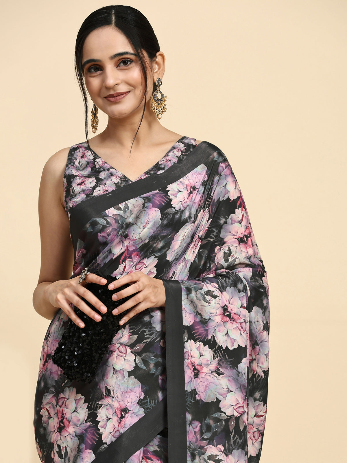 Black Floral Printed Satin Party Wear Saree