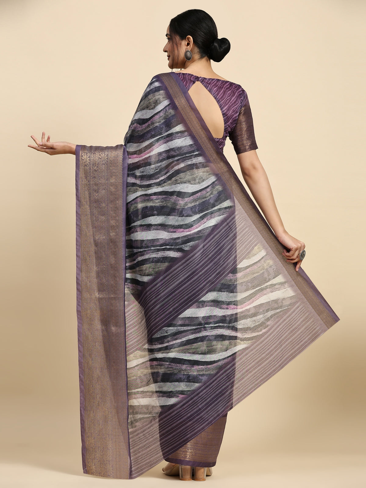 Purple Striped Printed Linen Blend Designer Saree