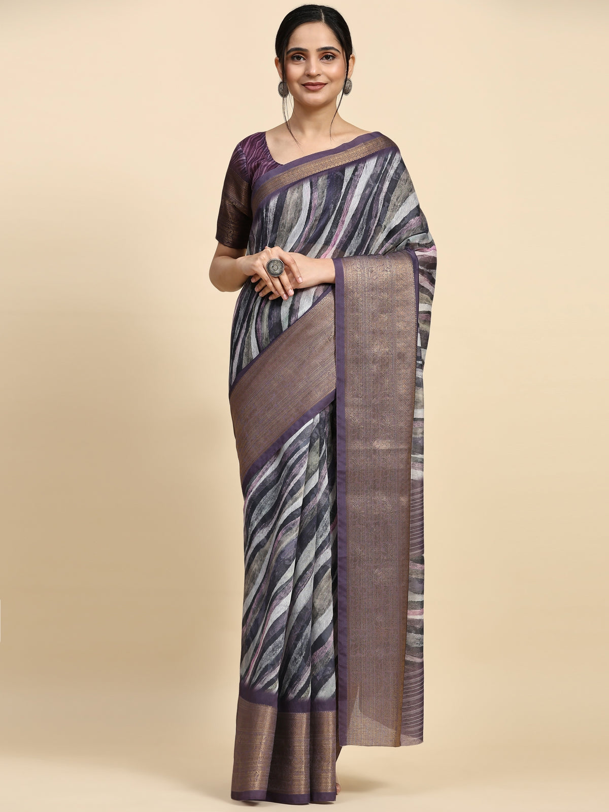 Purple Striped Printed Linen Blend Designer Saree