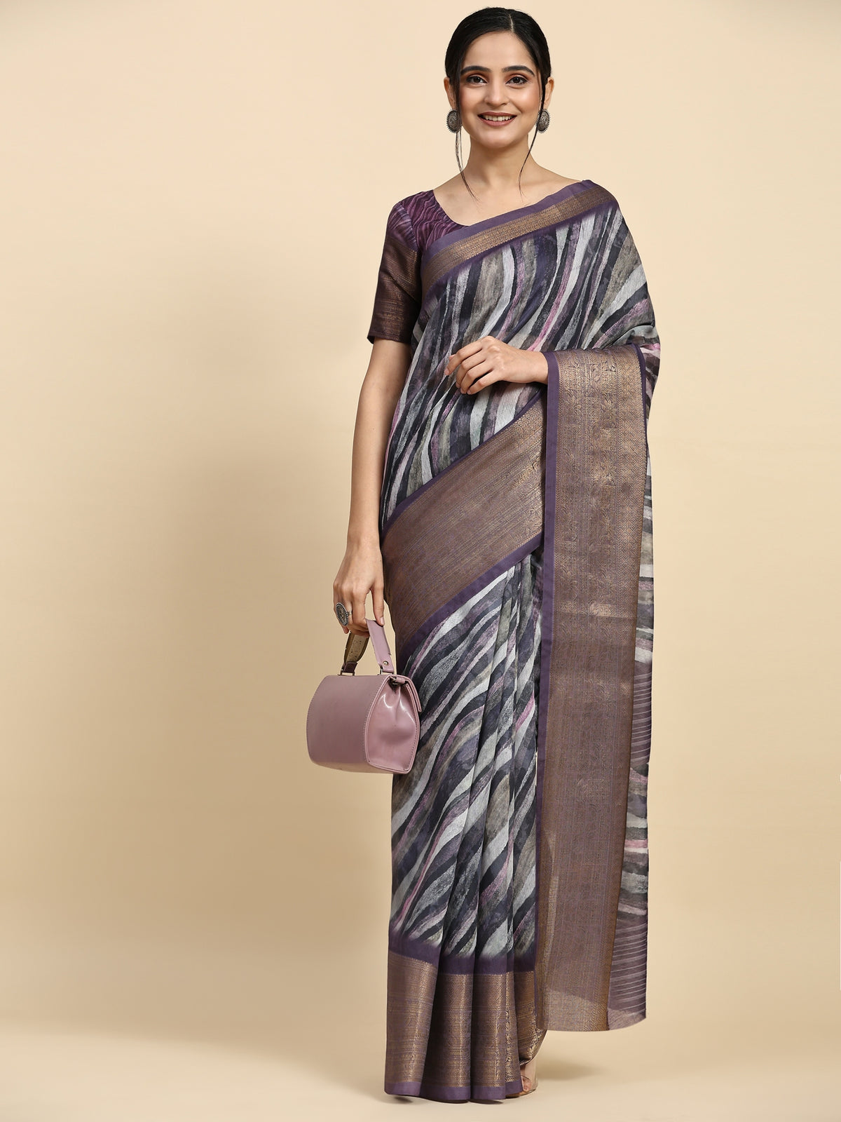 Purple Striped Printed Linen Blend Designer Saree