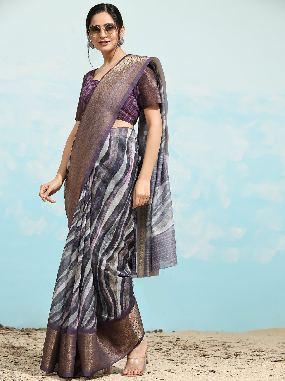 Purple Striped Printed Linen Blend Designer Saree