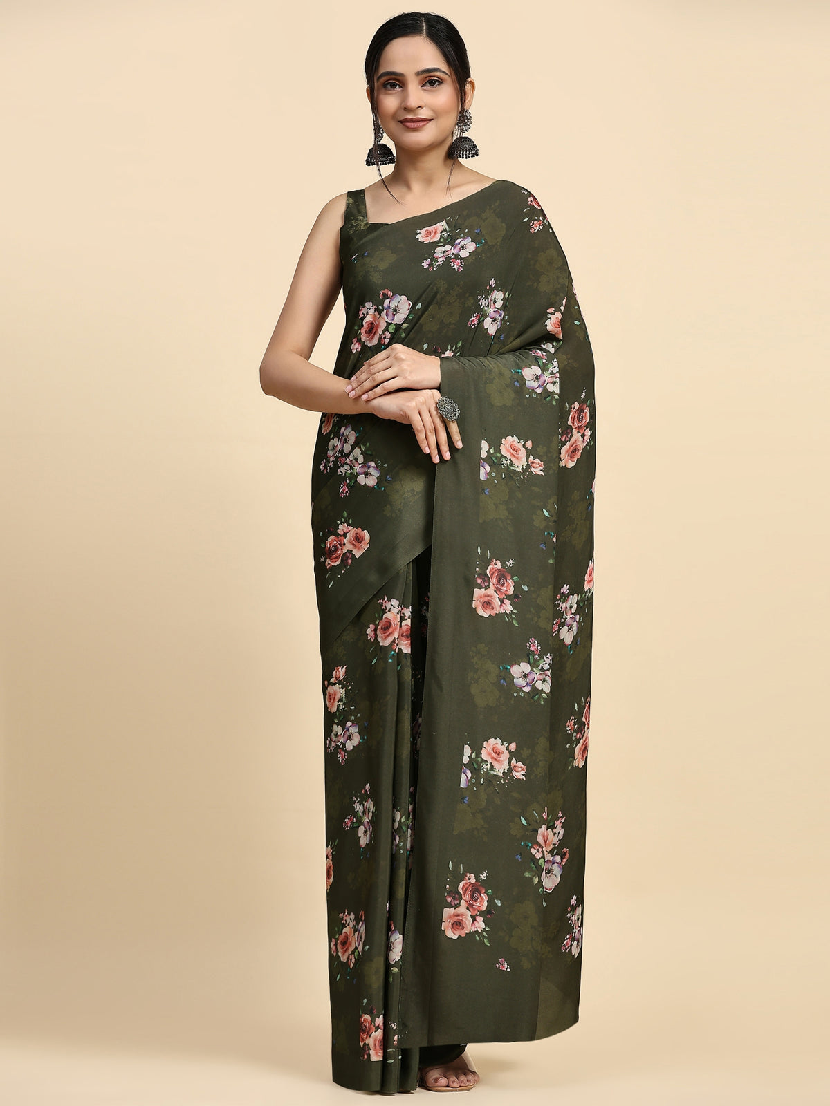Green Floral Printed Satin Party Wear Saree