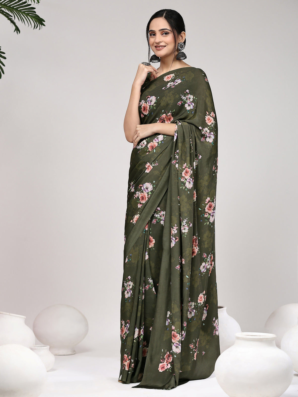 Green Floral Printed Satin Party Wear Saree