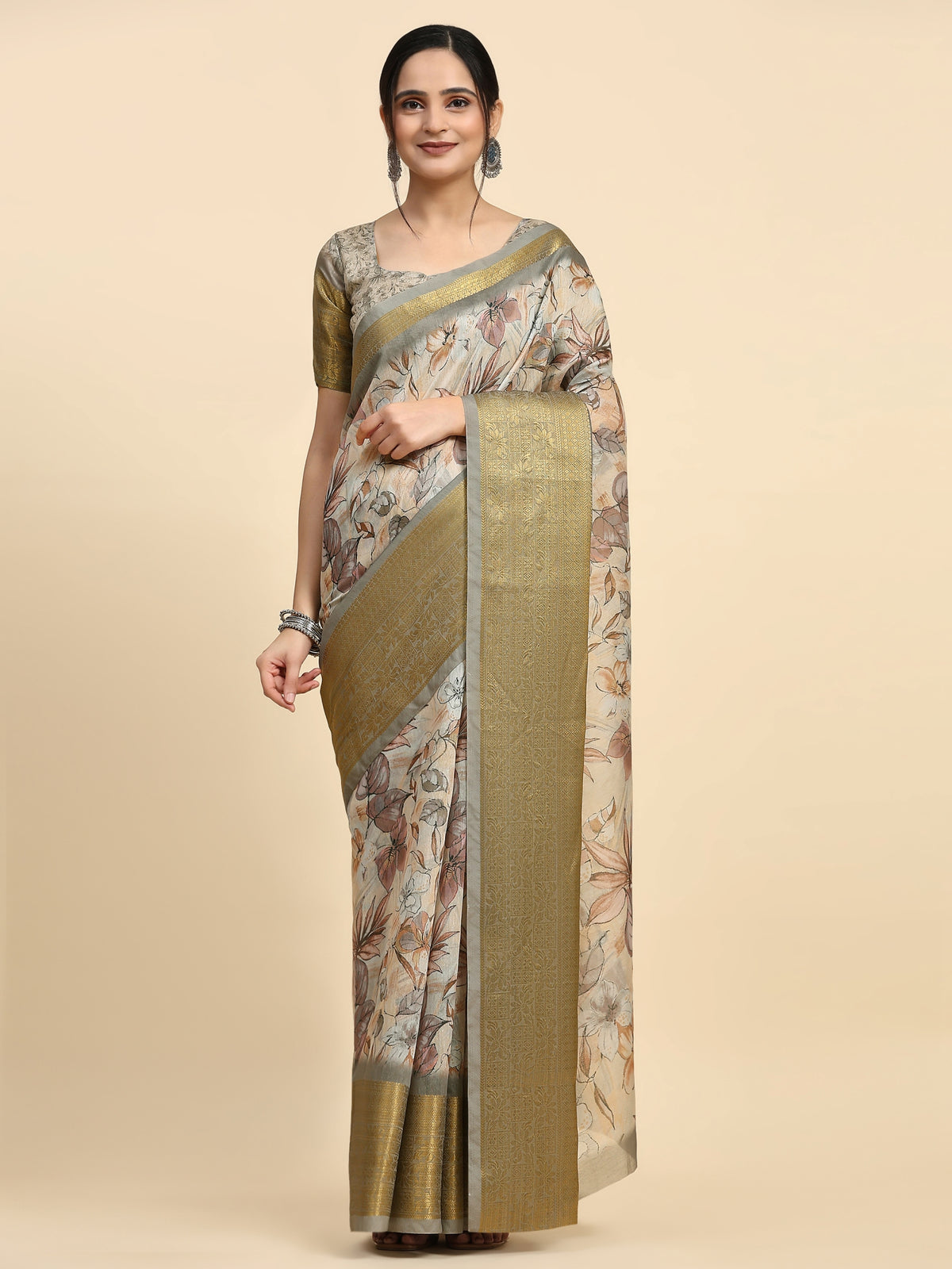 Cream Batik Printed Linen Blend Designer Saree