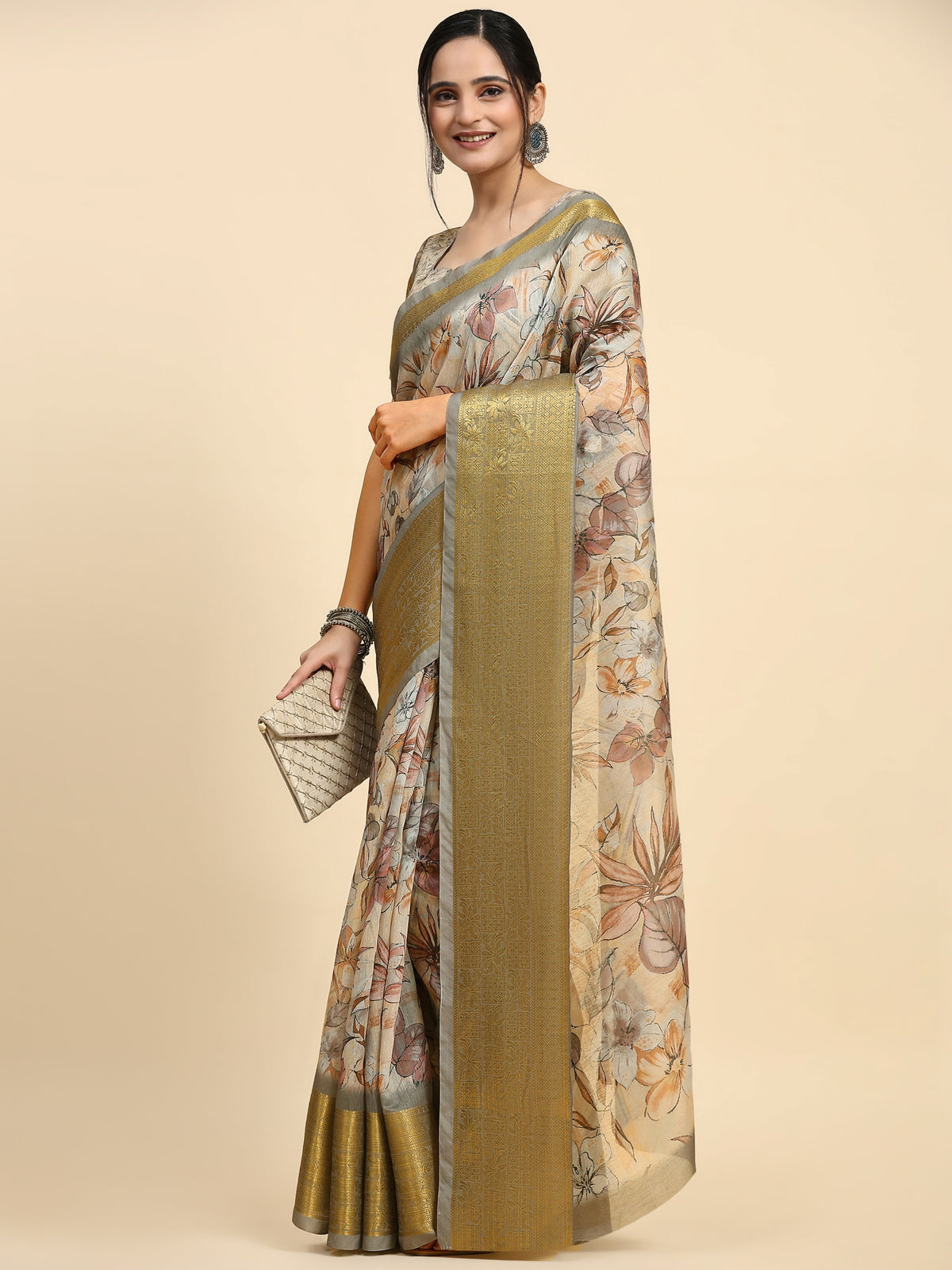 Cream Batik Printed Linen Blend Designer Saree