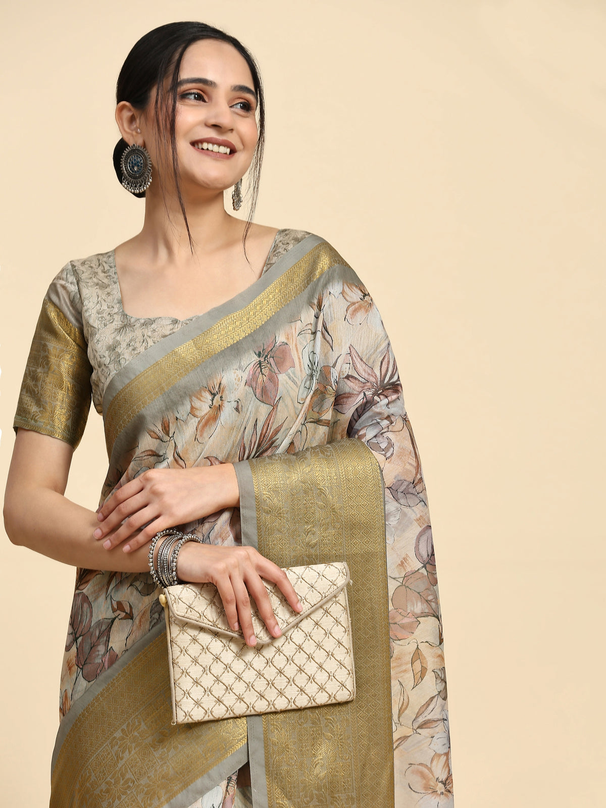 Cream Batik Printed Linen Blend Designer Saree