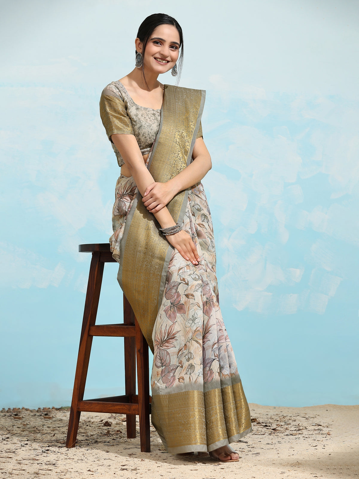Cream Batik Printed Linen Blend Designer Saree