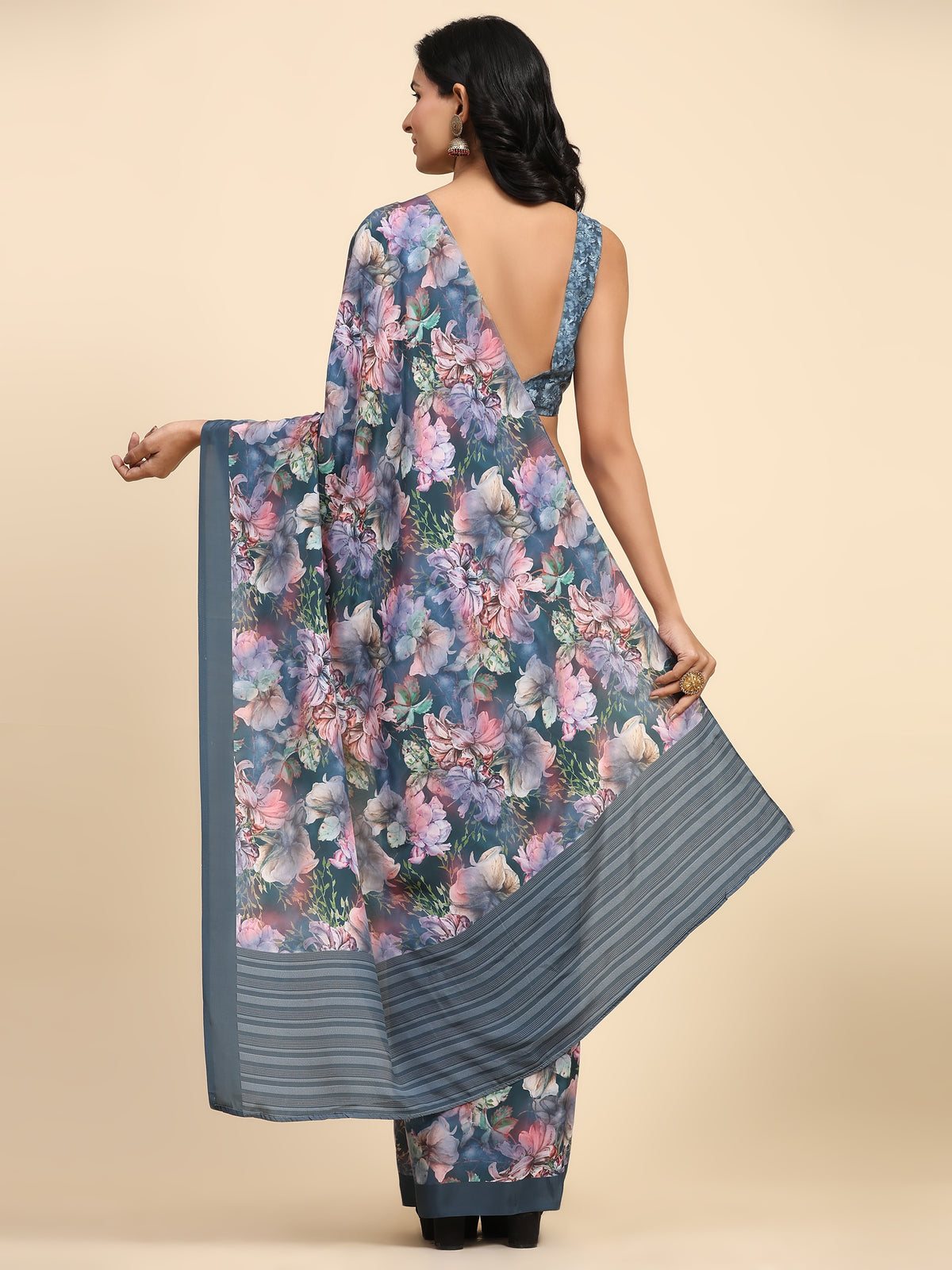 Grey Color Floral Printed Satin Designer Ready to Wear Saree