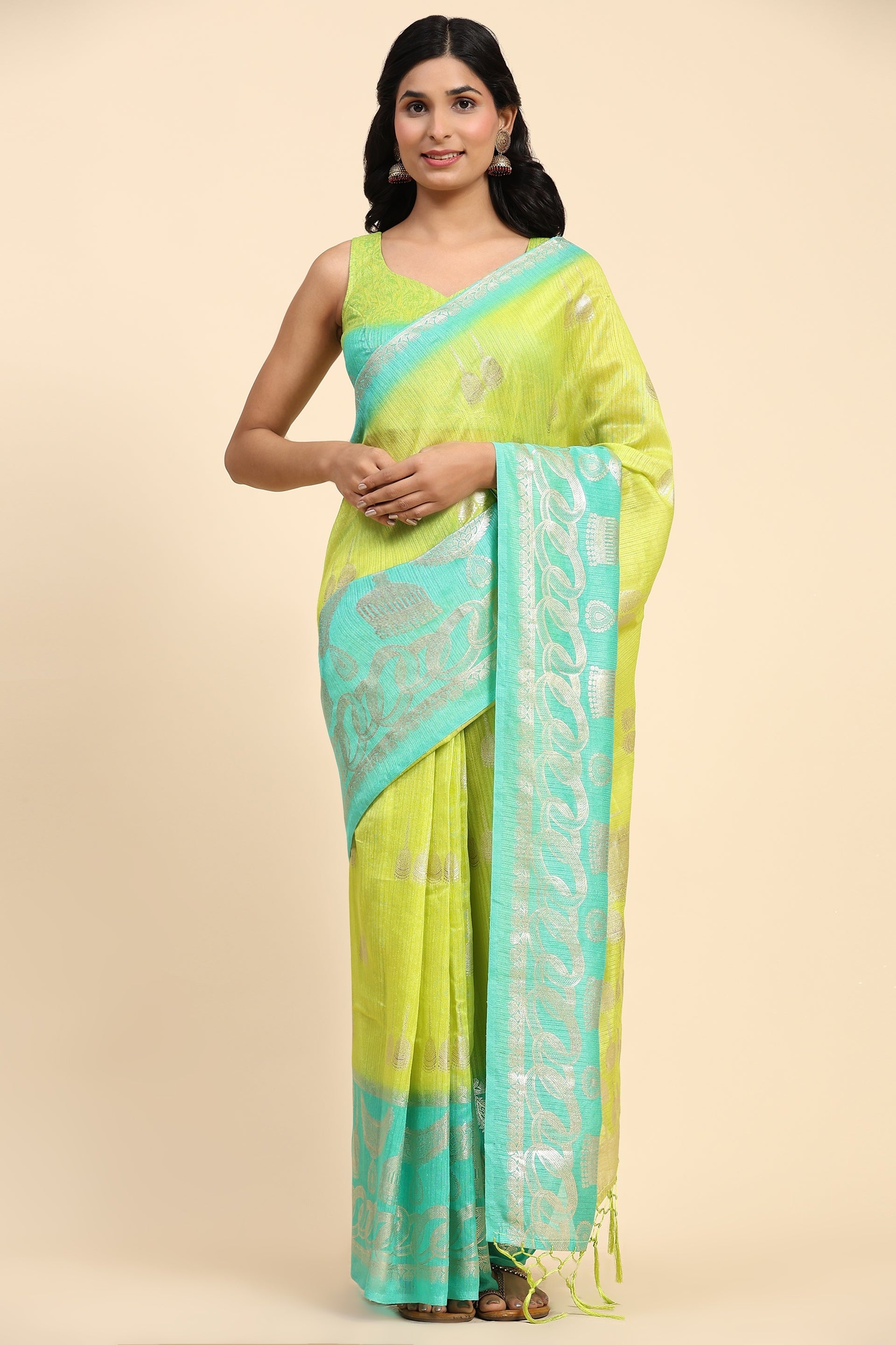 Foil Ethnic Motif Printed Bhagalpuri Silk Prestitched Ready To Wear Saree