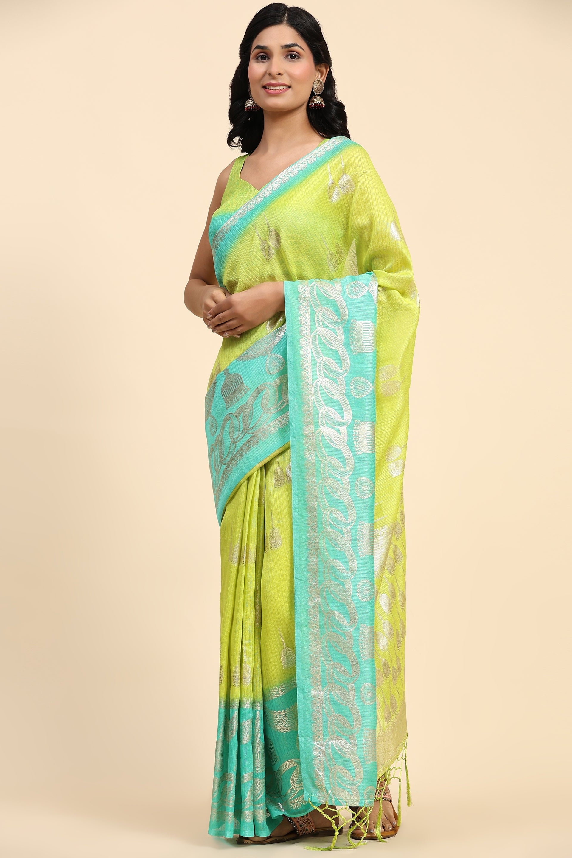 Foil Ethnic Motif Printed Bhagalpuri Silk Prestitched Ready To Wear Saree