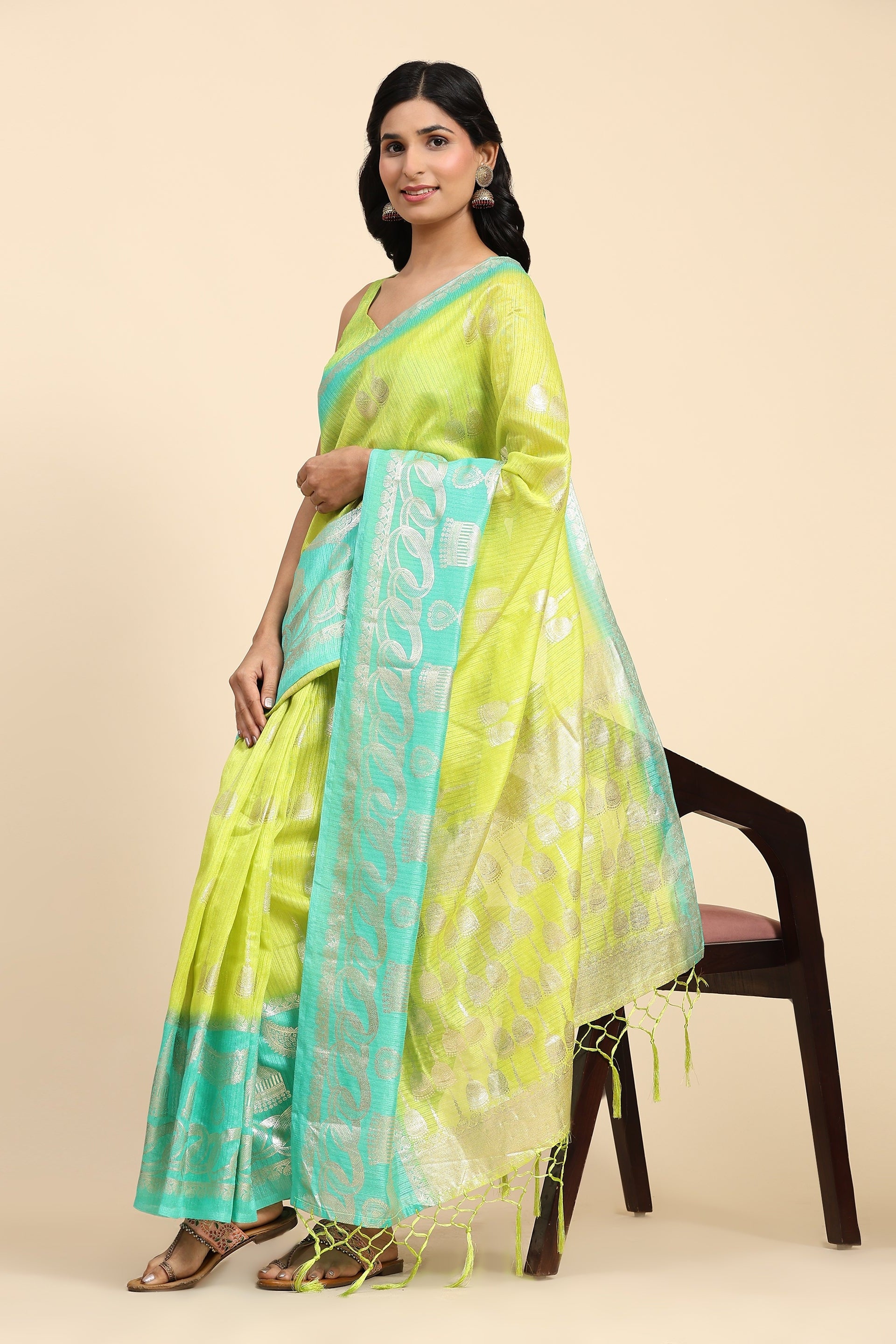 Foil Ethnic Motif Printed Bhagalpuri Silk Prestitched Ready To Wear Saree