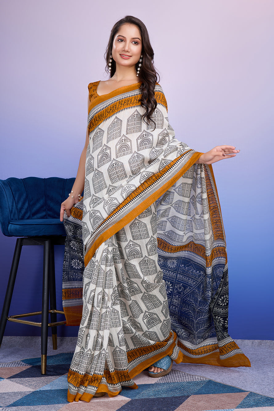 Warli Prints Cotton Silk Bhagalpuri Saree