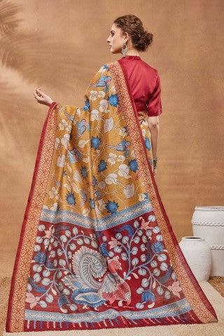 Mustard Ethnic Motifs Printed Silk Blend Party Wear Designer Saree
