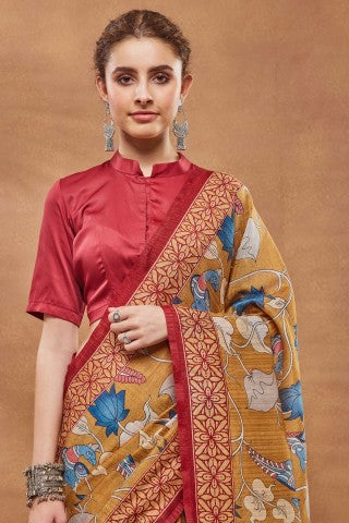 Mustard Ethnic Motifs Printed Silk Blend Party Wear Designer Saree