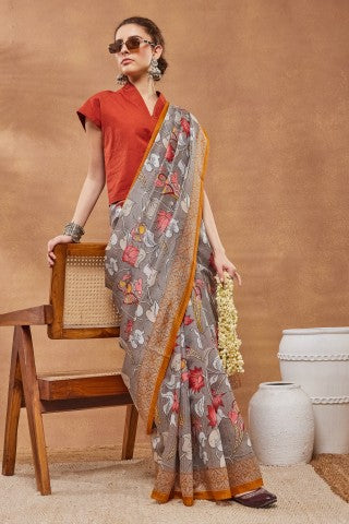 Grey Color Ethnic Motifs Printed Silk Blend Party Wear Saree