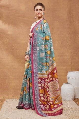 Turkish Blue Kalamkari Printed Silk Blend Party Wear Saree