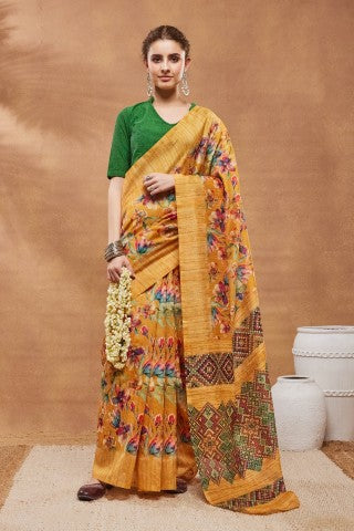 Mustard Floral Printed Silk Blend Designer Saree