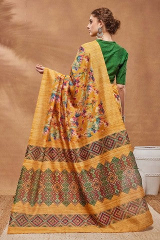 Mustard Floral Printed Silk Blend Designer Saree