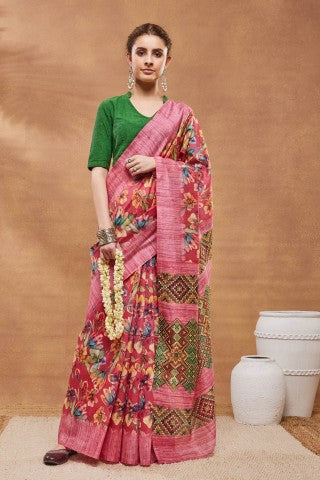 Pink Floral Printed Silk Blend Ready to Wear Saree