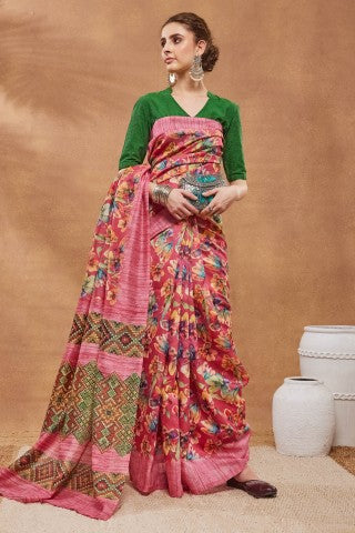 Pink Floral Printed Silk Blend Ready to Wear Saree