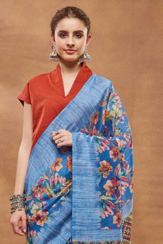Blue Floral Printed Silk Blend Ready to Wear Saree