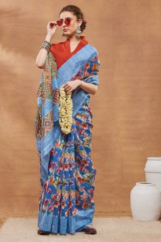 Blue Floral Printed Silk Blend Party Wear Saree