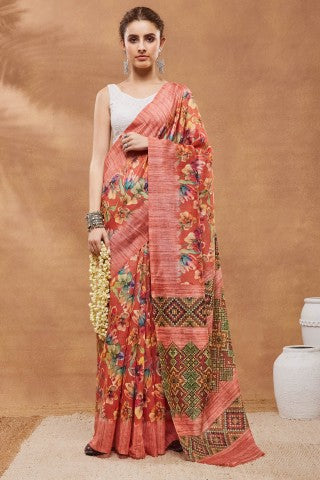 Orange Floral Printed Silk Blend Party Wear Saree