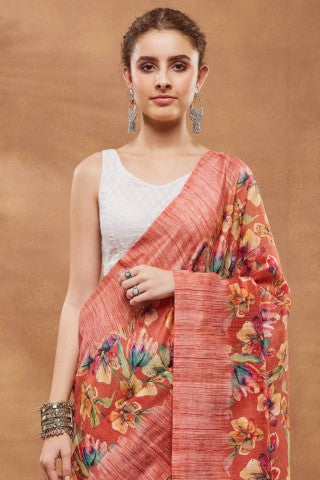 Orange Floral Printed Silk Blend Party Wear Saree