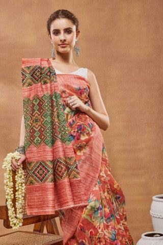 Orange Floral Printed Silk Blend Party Wear Saree