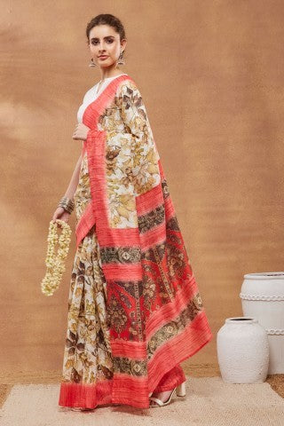 Off White Floral Printed Silk Blend Ready to Wear Saree