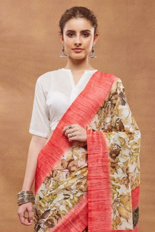 Off White Floral Printed Silk Blend Ready to Wear Saree