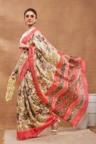 Off White Floral Printed Silk Blend Ready to Wear Saree