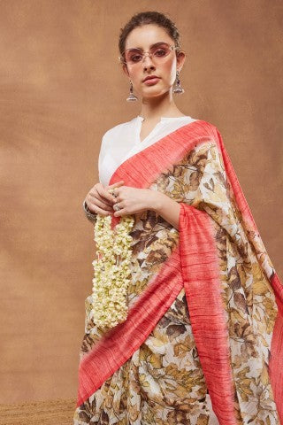 Off White Floral Printed Silk Blend Ready to Wear Saree