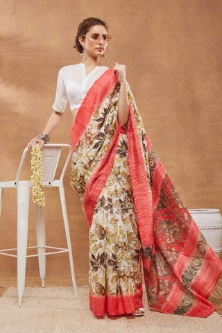 Off White Floral Printed Silk Blend Ready to Wear Saree